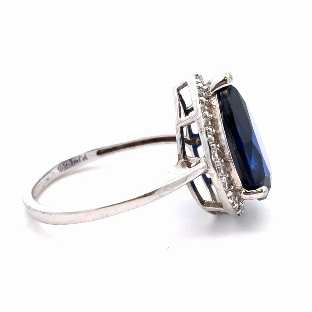 Designer PMJ 925 Sterling Silver Pear Blue Cubic Zirconia White CZ Halo Ring